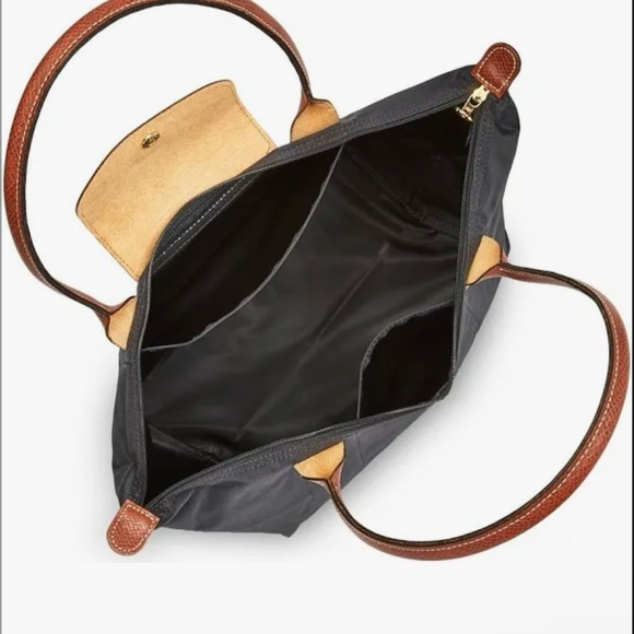 Longchamp Le Pliage Medium Black Tote Bag with Brown Leather Trim - Picture 2 of 10